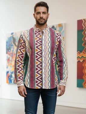 Deadstock aztec southwestern Rosettes Cotton Button down long sleeve Sz Lg